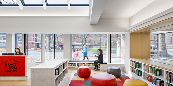 Michielli + Wyetzner Architects crafted the Macomb's Bridge Library from a few disused commercial spaces on a prominent corner of the Harlem River Houses in Upper Manhattan. Macomb's Bridge NYPL Branch.